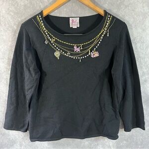 Pink Poodle Sweater Womens Large Black Embroider Beads Charms Paris Theme Travel